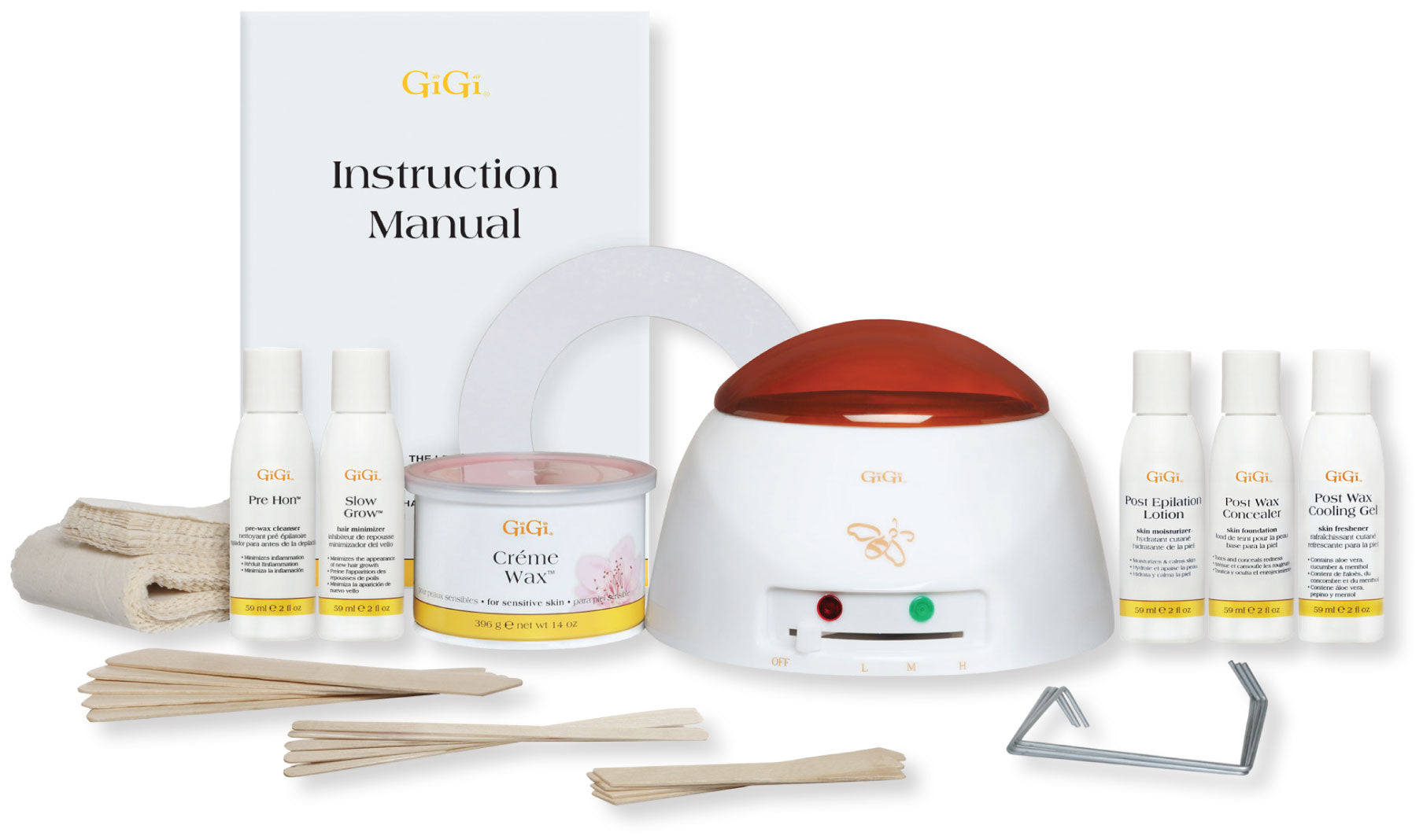 GiGi professional wax kit with manual, single pot warmer, creme Wax, applicators, strips, collars, pot handles, & lotions