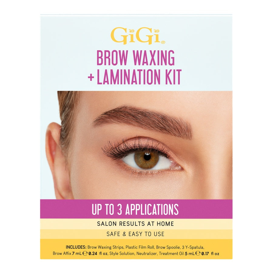 GiGi brow waxing and lamination kit packaging with a close-up of an eye and eyebrow.