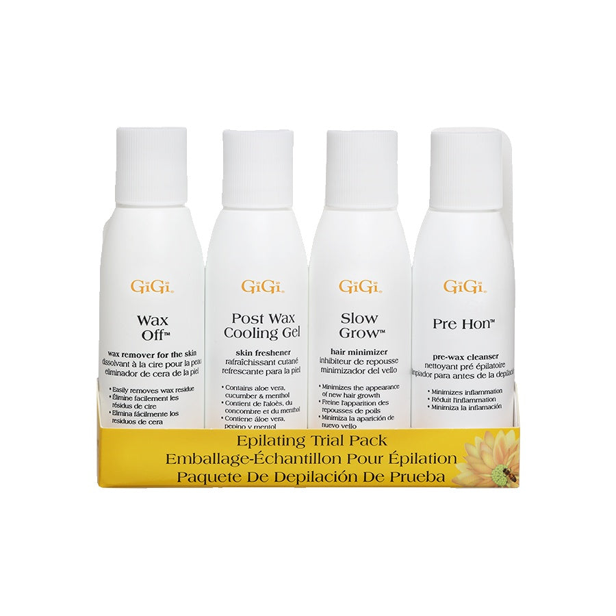 Four GiGi hair removal products in a row with a white background