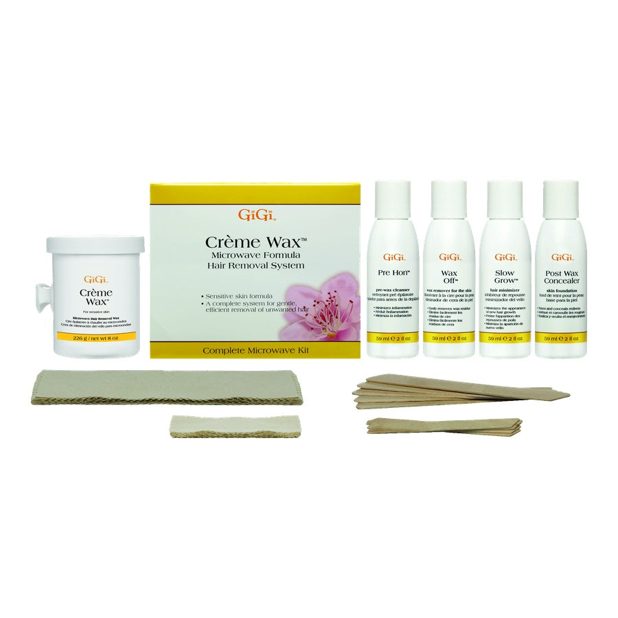 GIGI hair removal kit with wax and after-wax products on a white background