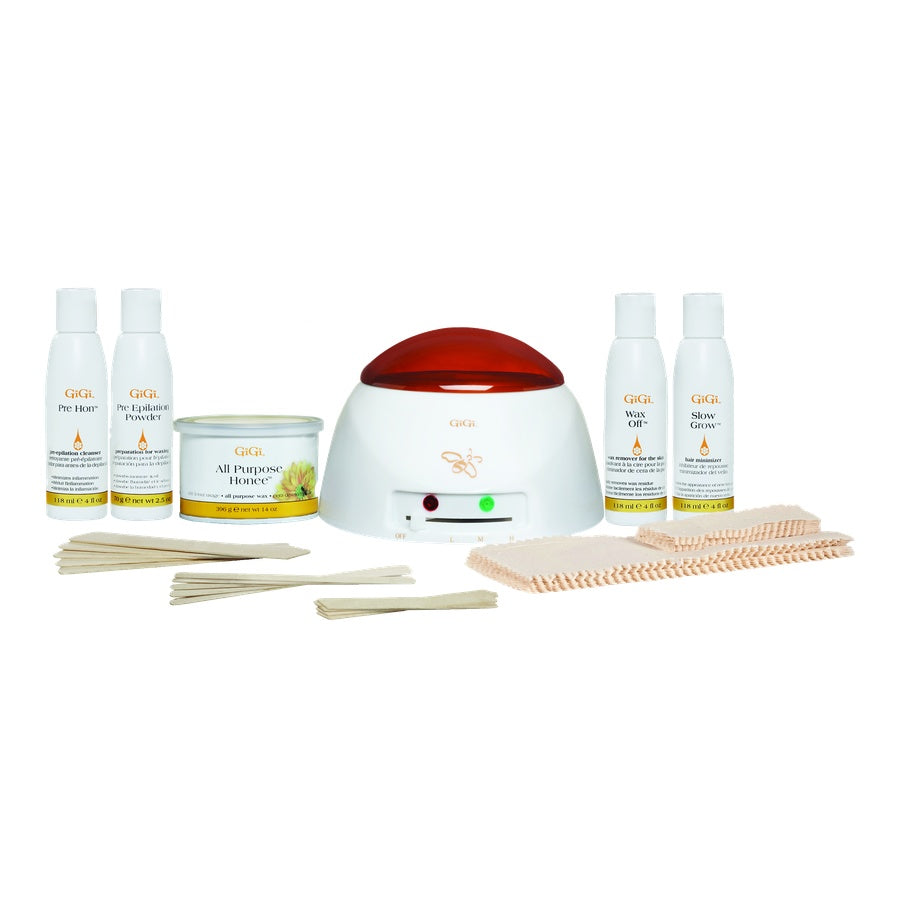 GiGi Student Starter Wax Kit featuring Wax Warmer, All Purpose Honee Wax, Waxing Care Products, Applicators, & Muslin Strips