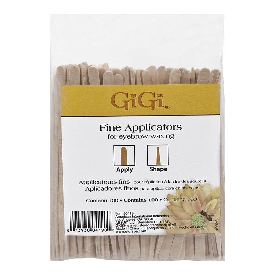Pack of GIGI fine applicators for eyebrow waxing on a white background