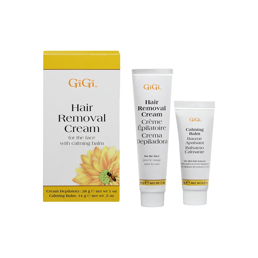 GiGi hair removal cream and balm set with packaging on a white background