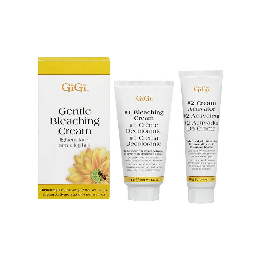 GIGI Gentle Bleaching Cream set with packaging and two tubes on a white background