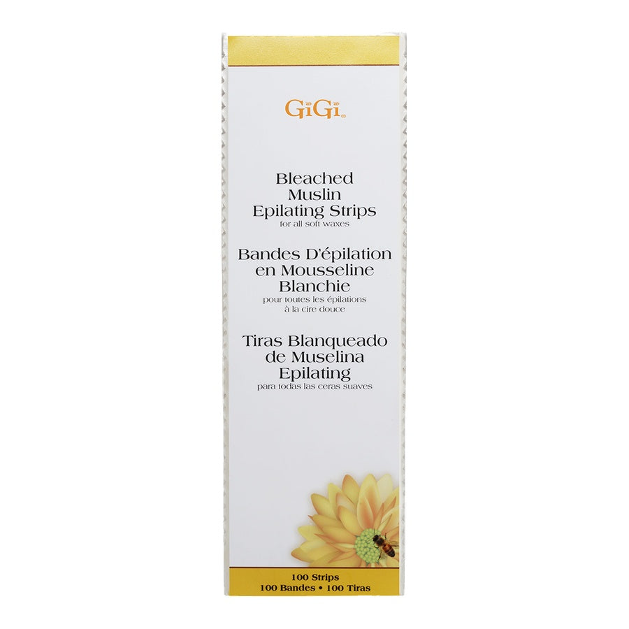 Box of GiGi Bleached Muslin Epilating Strips on a white background