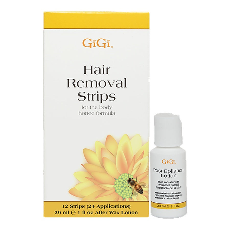 GiGi hair removal strips packaging with a bottle of post-epilation lotion on a white background