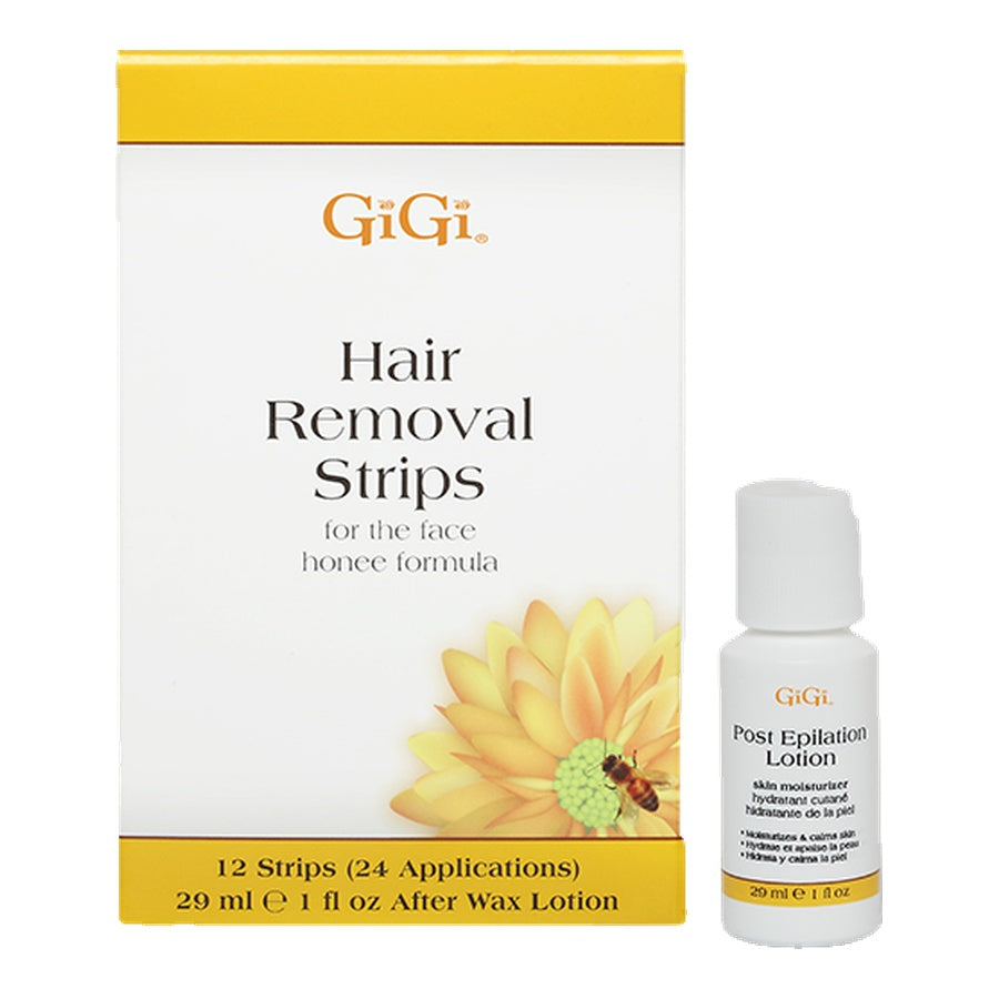 GiGi hair removal strips packaging with a bottle of post-wax lotion on a white background