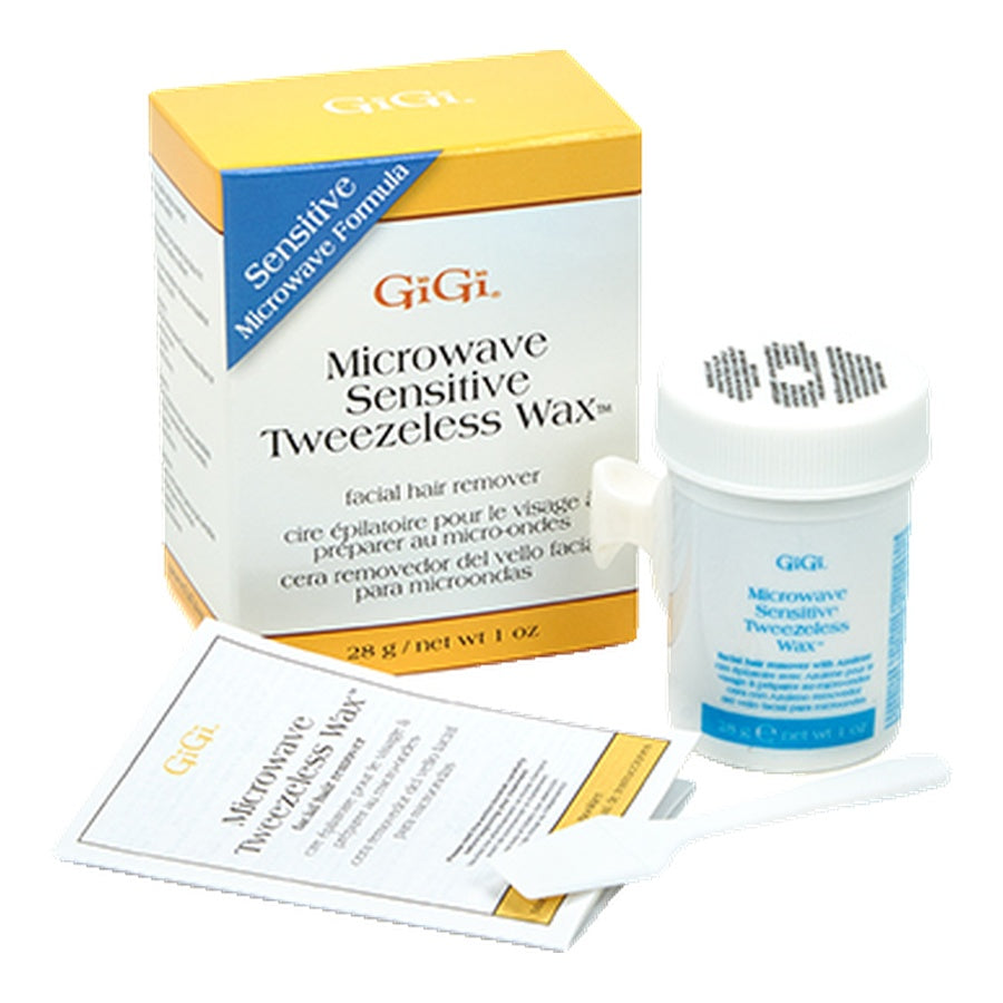 GiGi Microwave Sensitive Tweeless Wax kit with packaging, container, and applicators on a white background