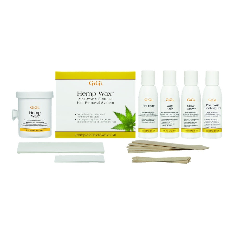 GiGi Hemp Wax hair removal system with various products on a white background