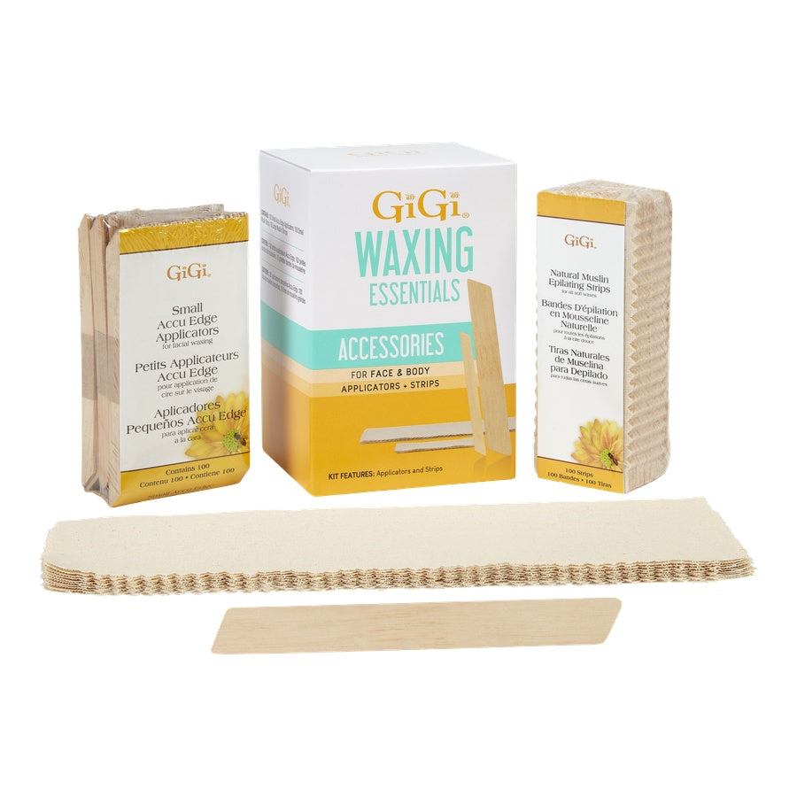 GiiGii waxing accessories including strips and applicators on a white background