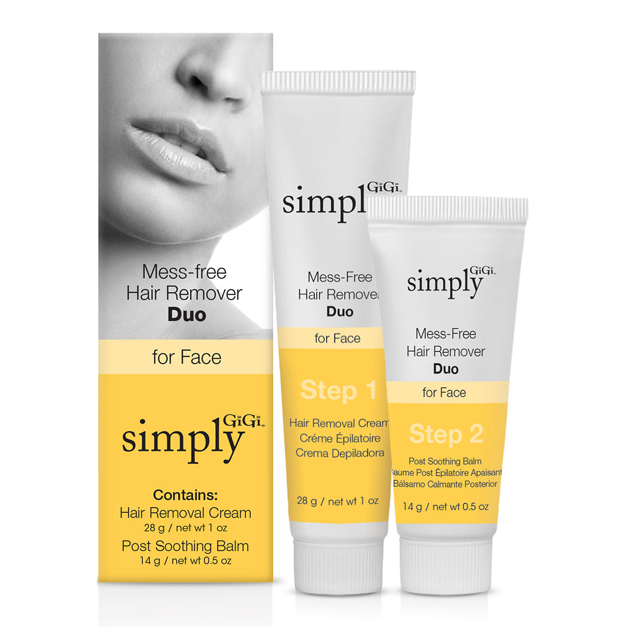GiGi hair removal product set with two tubes and a box on a white background