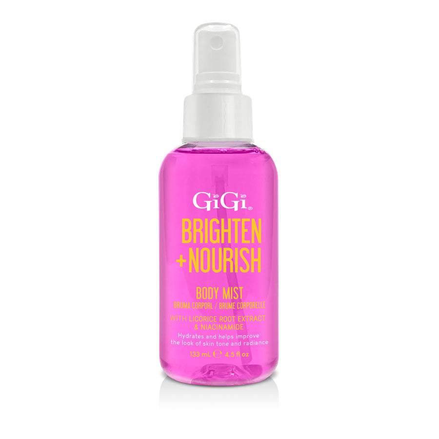 Bottle of GiGi Brighten + Nourish Body Mist on a white background