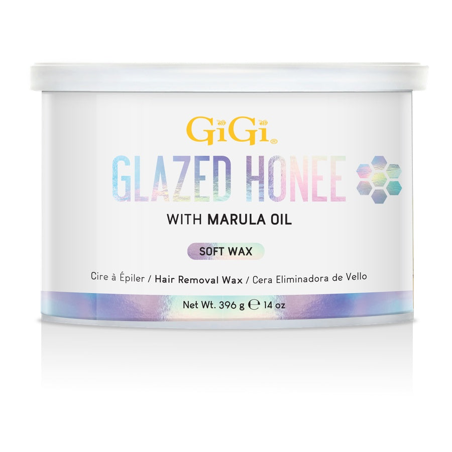 GIGI Glazed Honee soft wax container with marula oil on a white background