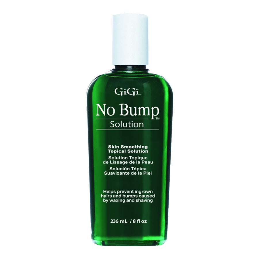 Green bottle of GiGi No Bump Solution on a white background