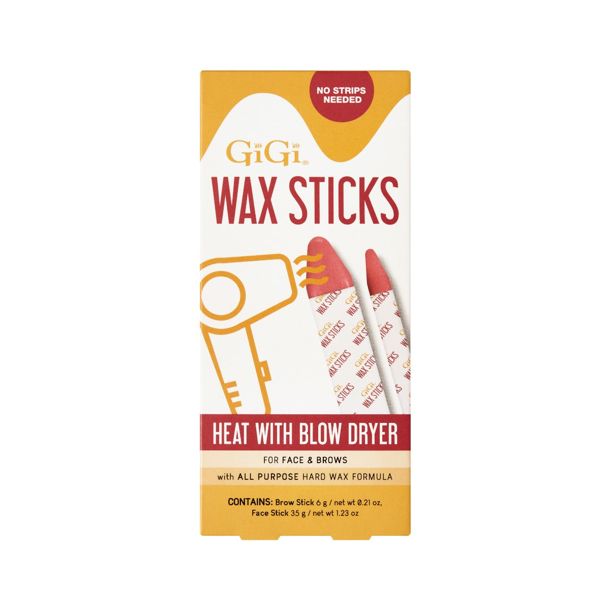 GiGi Wax Sticks box with blow dryer icon, heat-activated hard wax sticks for face and brow hair removal.