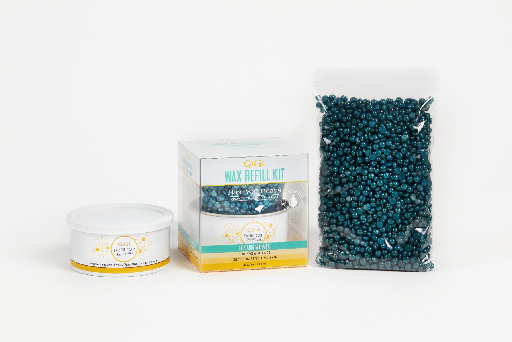 GiGi Hard Wax Refill Kit with teal beads, refill can, and packaging for mini wax warmer.