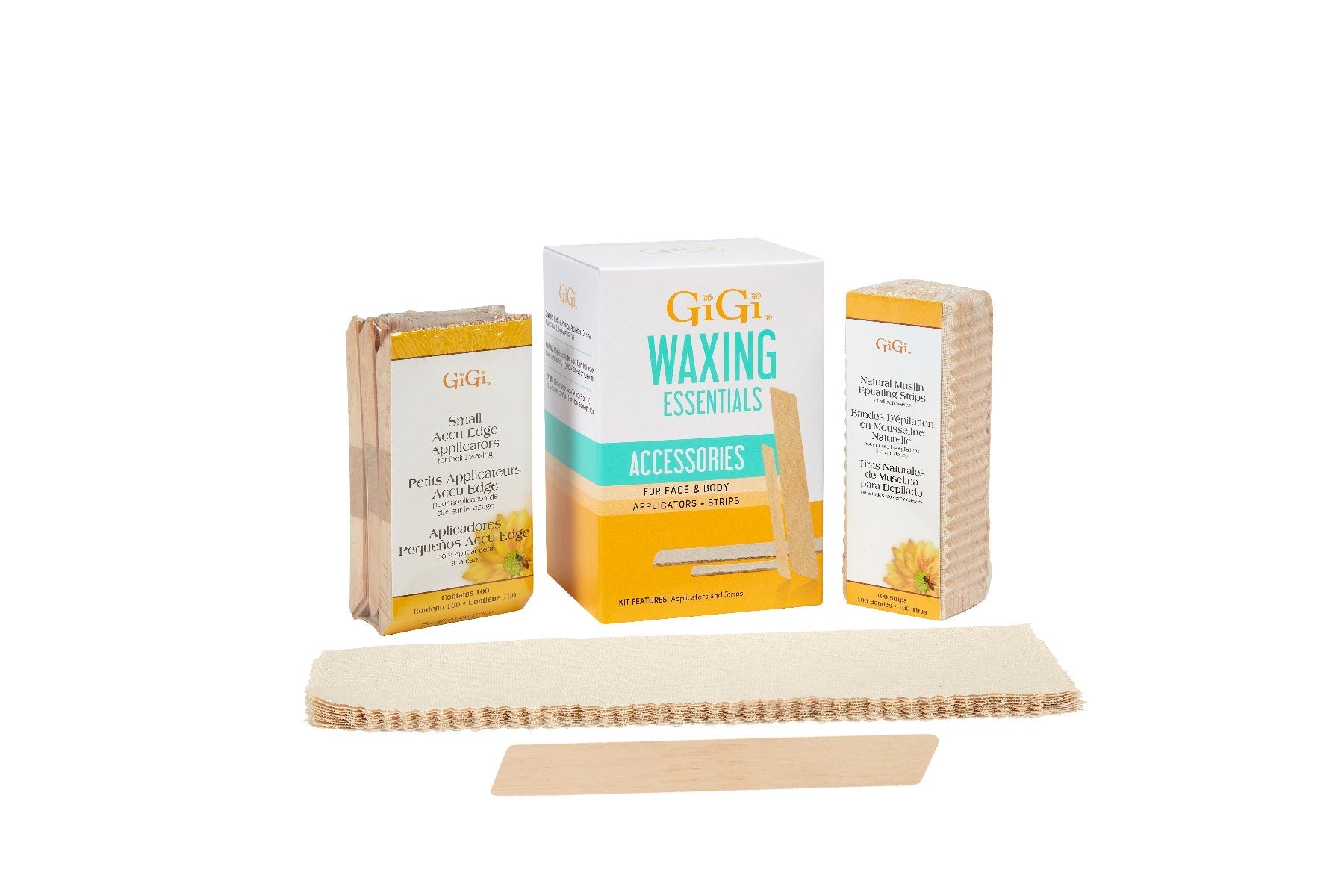 GiGi Waxing Essentials Accessories Kit box alongside small & large Accu Edge Applicators, & small & large cloth strips