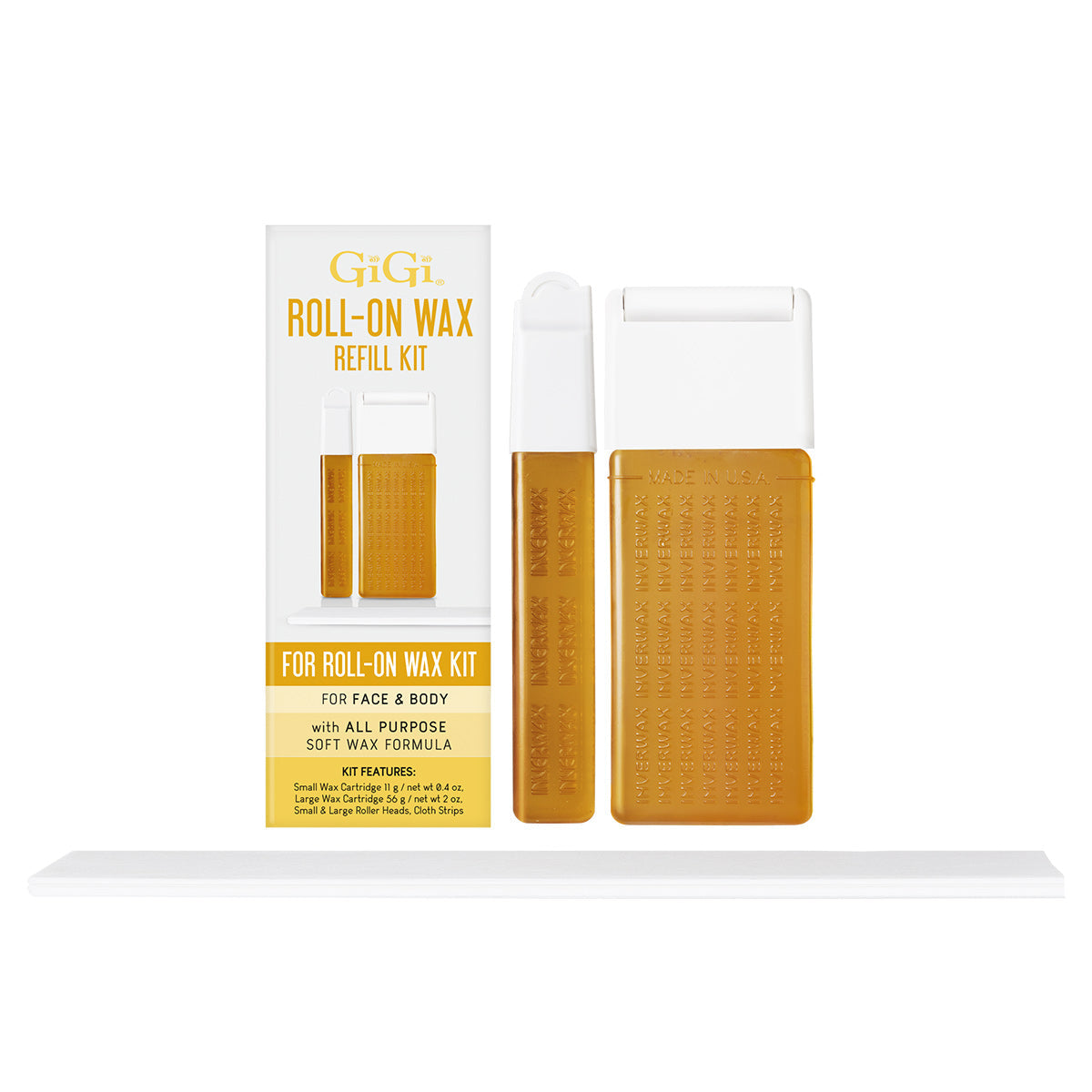 GiGi Roll-On Wax Refill Kit with two cartridges and box for face and body hair removal.
