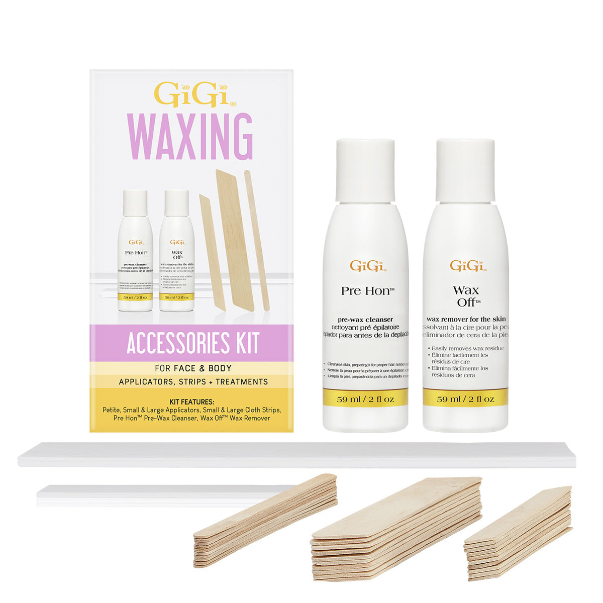 GiGi Waxing Accessories Kit with applicators, cloth strips, Pre Hon cleanser, and Wax Off remover.