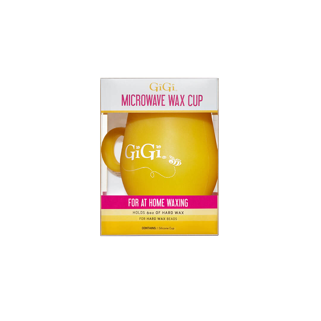 GiGi yellow Microwave Wax Cup for at-home waxing, holds 6 oz of hard wax for quick and easy use.