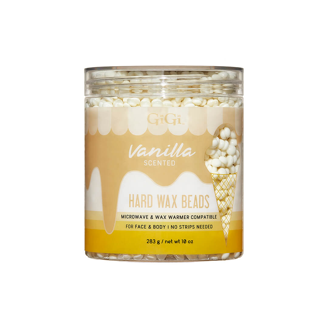 GiGi Vanilla Hard Wax Beads in clear jar, microwave-compatible, for body and facial hair removal