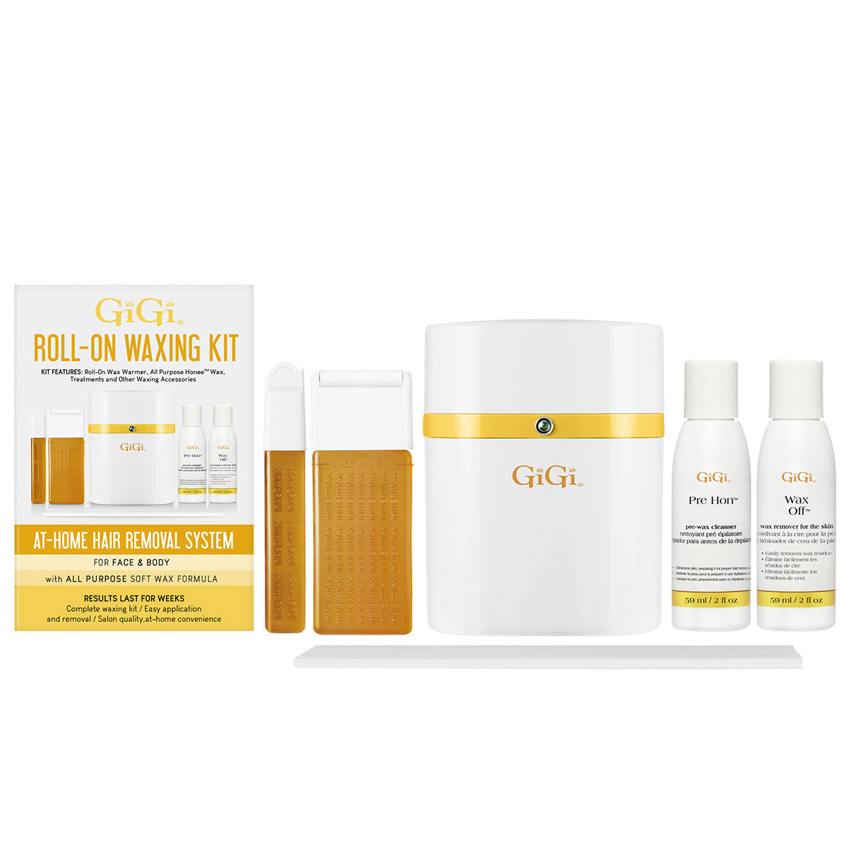 GiGi Roll-On Waxing Kit with warmer, cartridges, and treatments for at-home face and body hair removal.