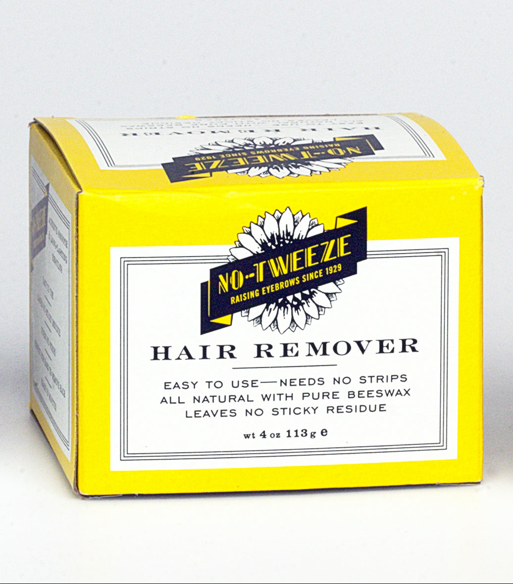 No-Tweeze Hair Remover in 4 oz box with pure beeswax formula, no strips needed, leaves no sticky residue.