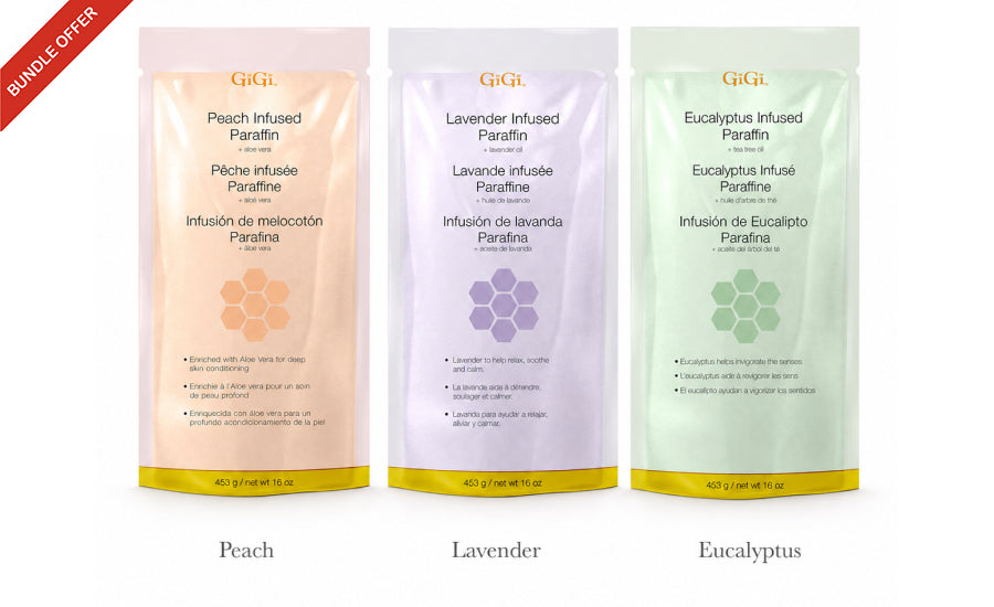 GiGi bundle offer featuring three infused paraffin pouches in Peach, Lavender, and Eucalyptus scents.