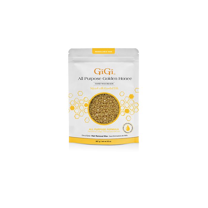 GiGi All Purpose Golden Honee Hard Wax Beads with essential oils in resealable 567g pouch.