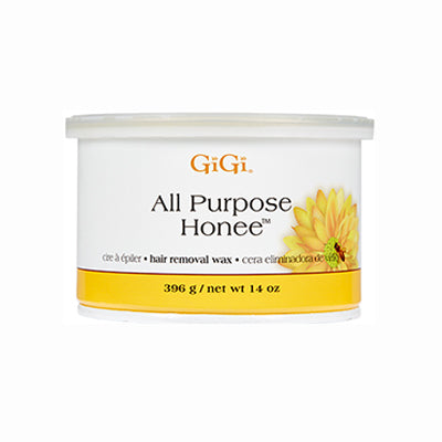 GiGi All Purpose Honee Wax in 14 oz can for gentle, effective full body hair removal with honey-based soft wax formula.