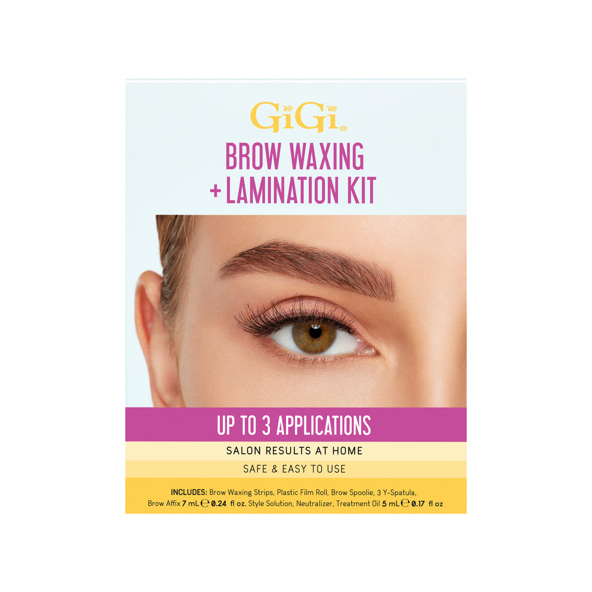 GiGi brow waxing and lamination kit packaging with a close-up of an eye and eyebrow.