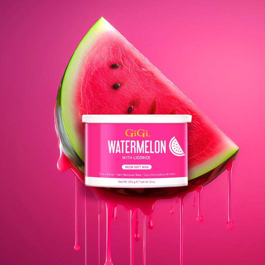 GIGI Watermelon wax container with a watermelon slice on a pink background