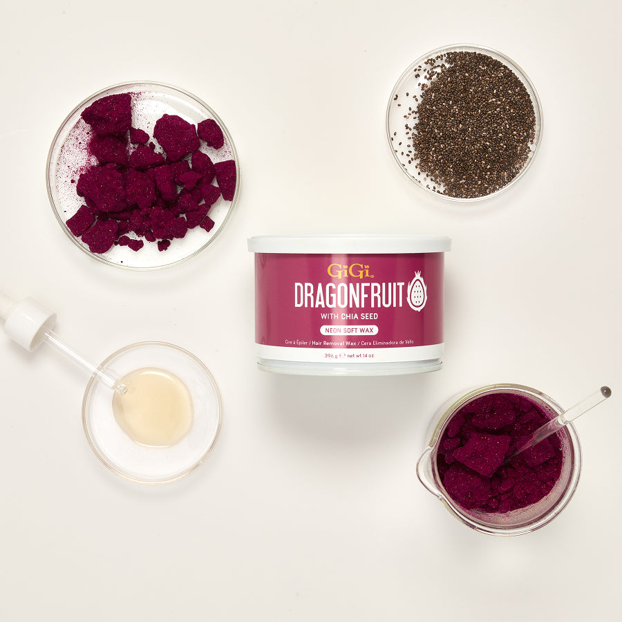 GIGI Dragonfruit wax product with ingredients on a white background