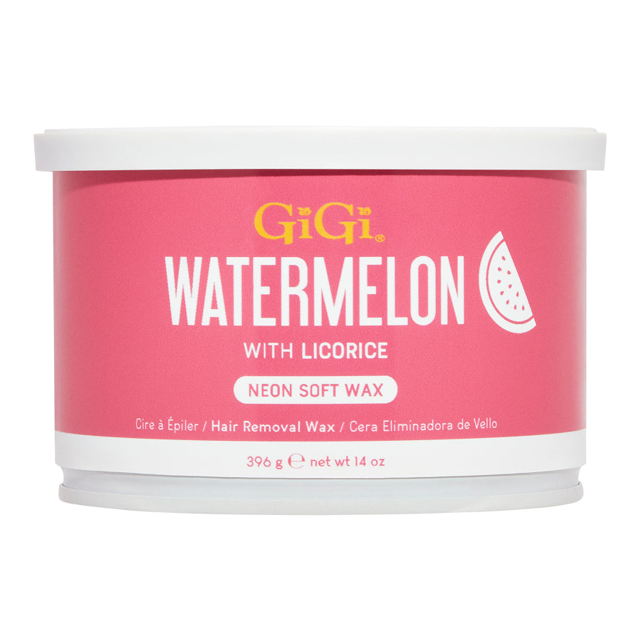 Pink container of GiGi Watermelon with Licorice neon soft wax on a white background