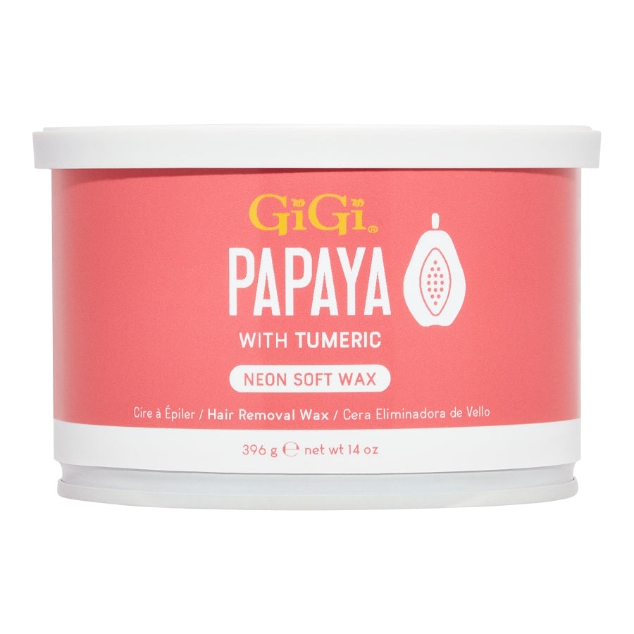 Pink container of GiGi Papaya with Turmeric Neon Soft Wax on a white background