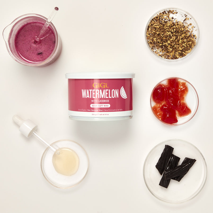 GIGI watermelon flavor product with various ingredients on a white background