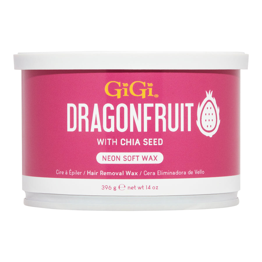 Pink container of GiGi Dragonfruit hair removal wax with white lid on a white background