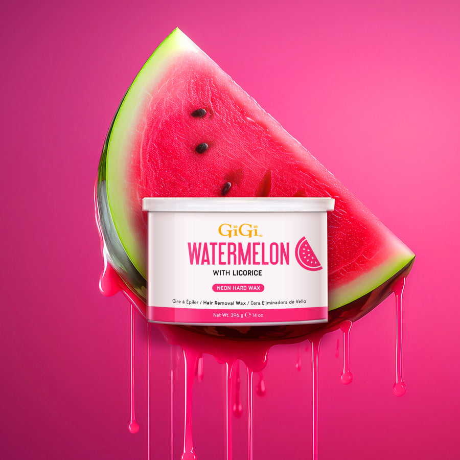 GIGI Watermelon hair removal wax container with a watermelon slice on a pink background