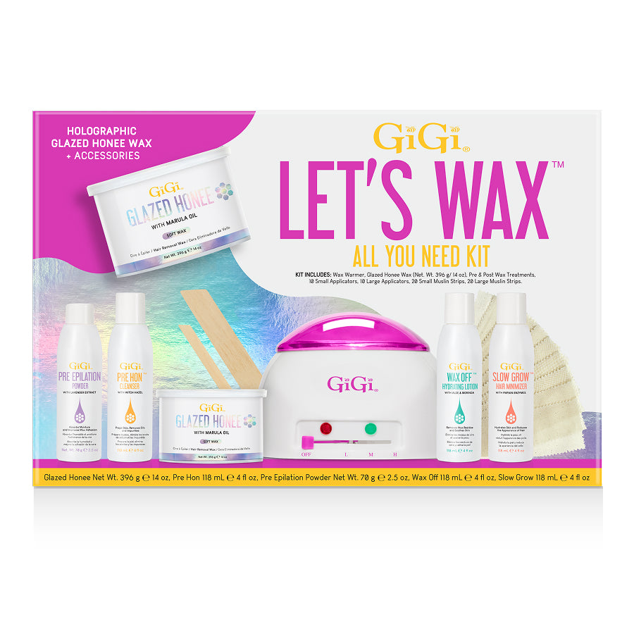 GiGi Let's Wax All You Need Kit packaging with various waxing products on a white background