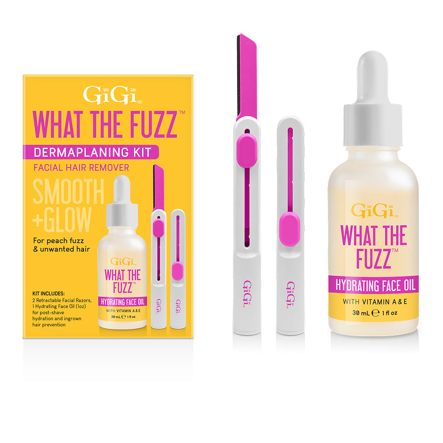 GiGi What The Fuzz dermaplaning kit with face oil and razors on a white background