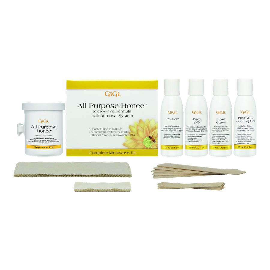 GiGi All Purpose Honey hair removal system with various products on a white background