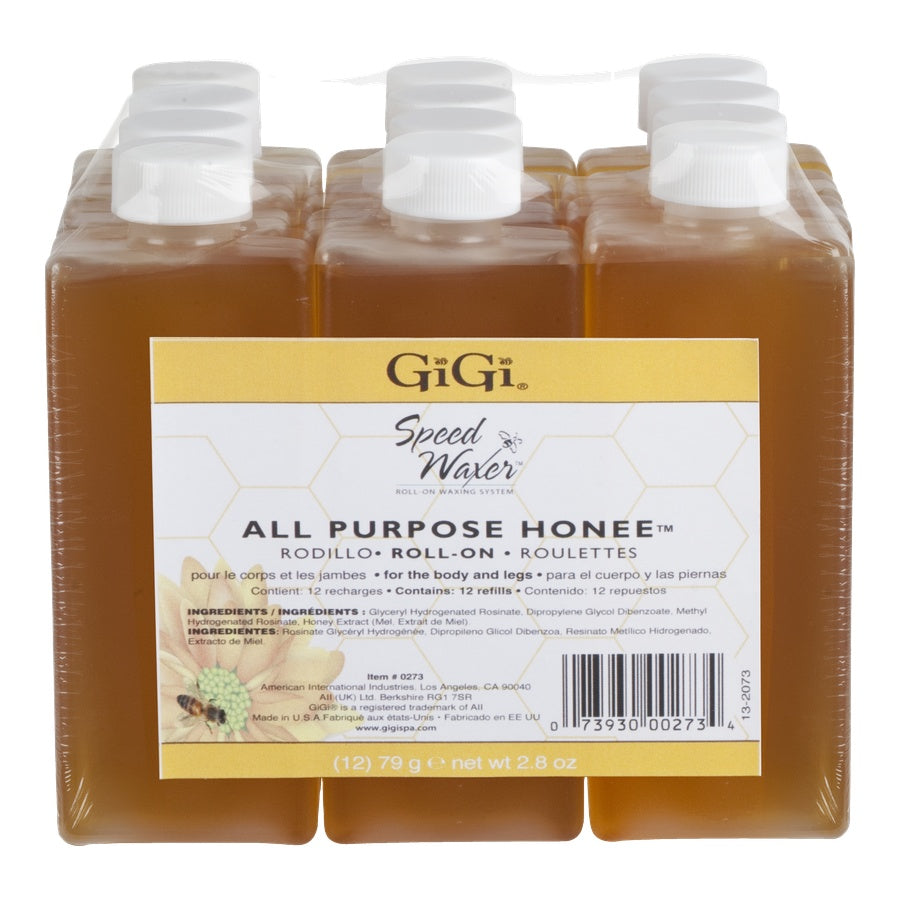 Three bottles of GiGi All Purpose Honee with a label on a white background