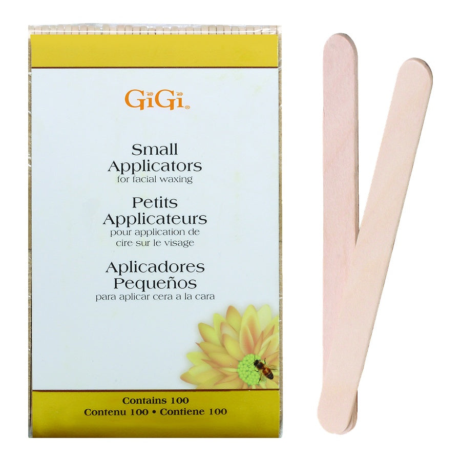 Box of GIGI small applicators for facial waxing with two applicators displayed.