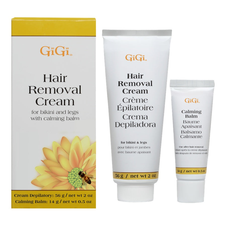 GiGi hair removal cream packaging with a tube and balm on a white background