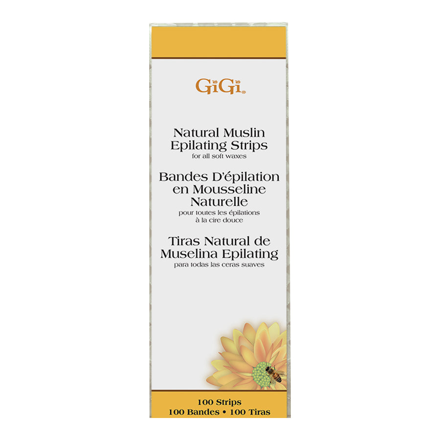 Box of GiGi Natural Muslin Epilating Strips with a yellow flower design on a white background