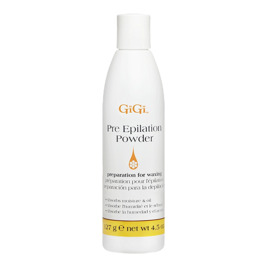 GiGi pre epilation powder bottle on a white background