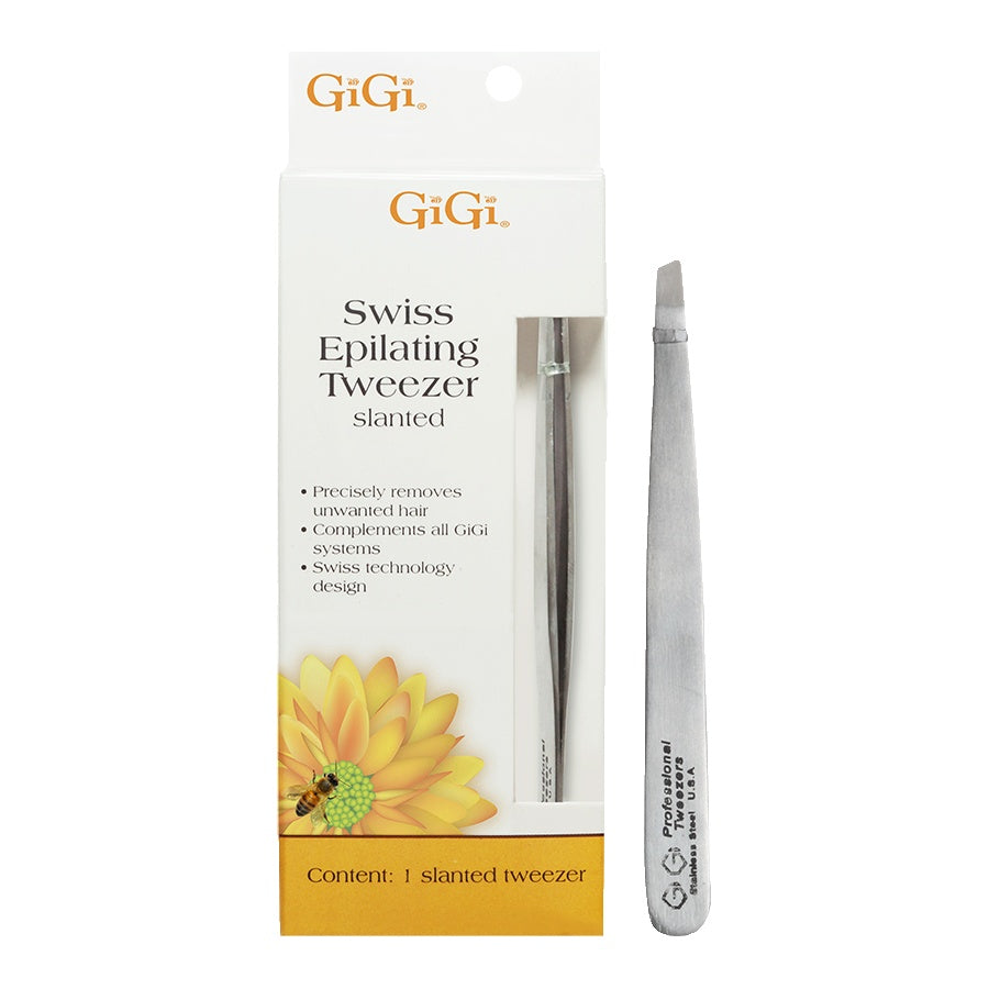 GiGi Swiss Epilating Tweezer packaging with a slanted tweezer on a white background