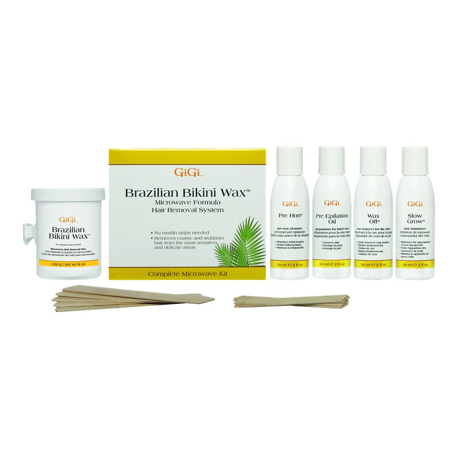GiGi Brazilian Bikini Wax hair removal system with various products on a white background