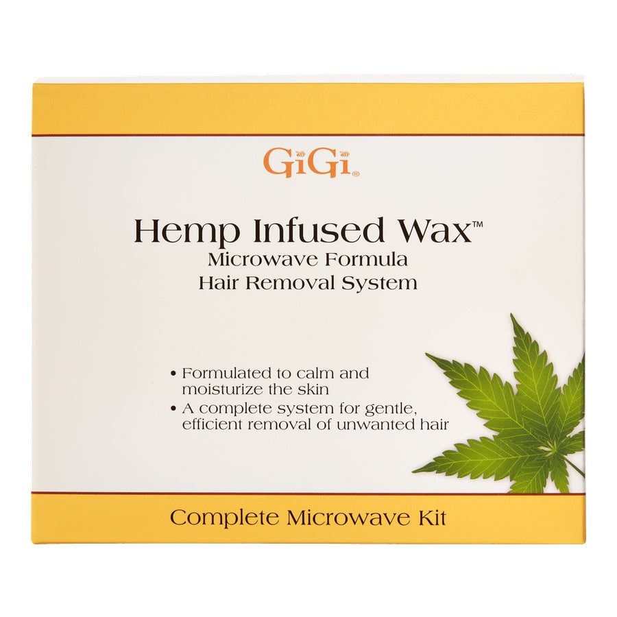 GiGi Hemp Infused Wax Microwave Formula hair removal system packaging with a cannabis leaf on a white background.