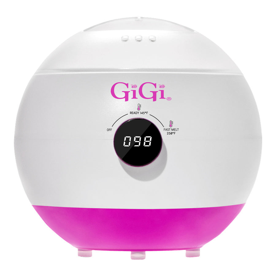 GiGi digital wax warmer with white and pink design, temperature control dial, and LED display.